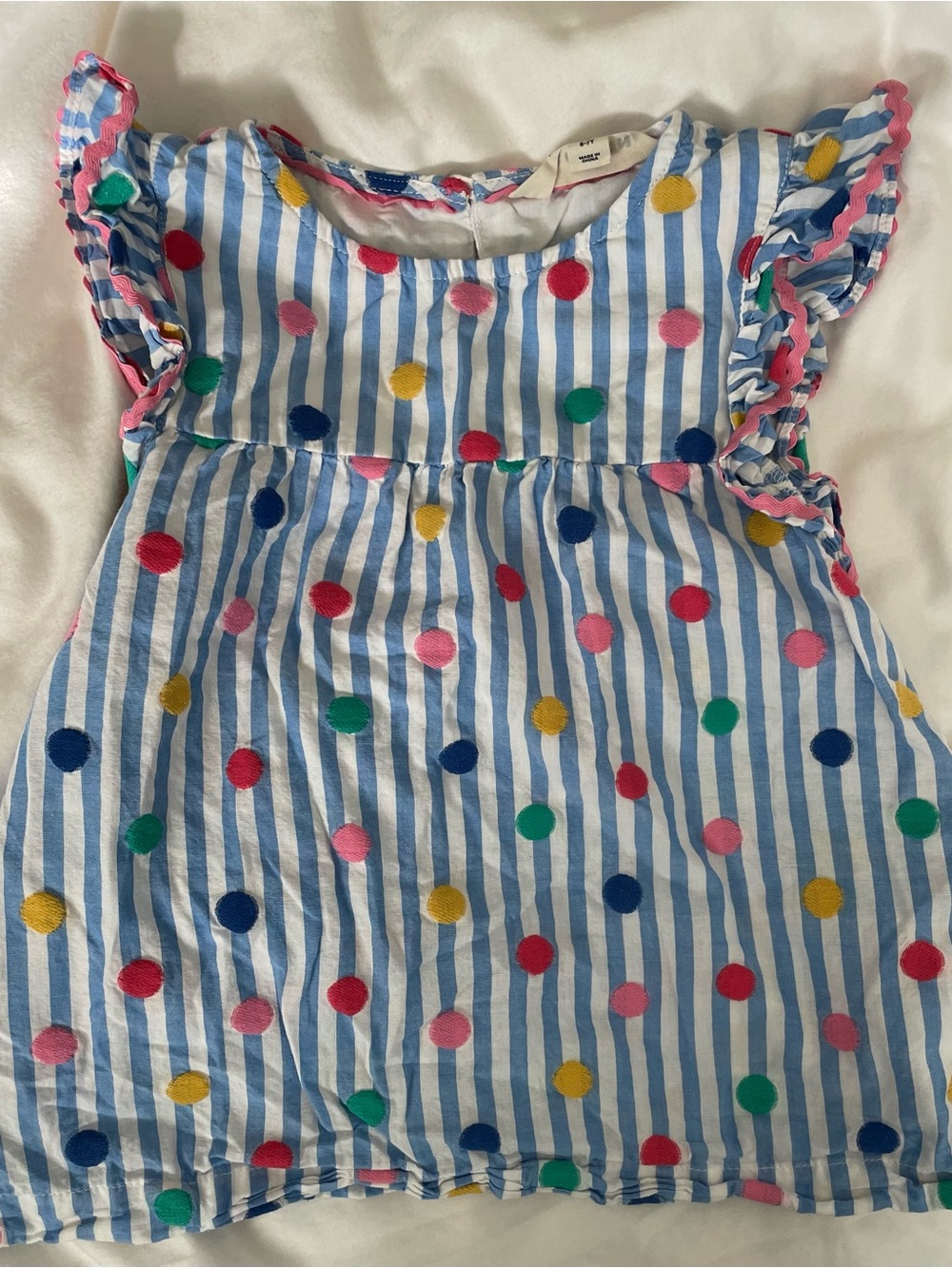 Boden Girls' Blue & White Striped Top with Multicolor Dots
